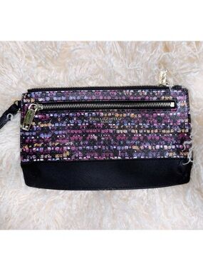 NWOT Karl Lagerfeld Paris Wristlet Clutch Pouch Black Multicolor Print Gold Zip